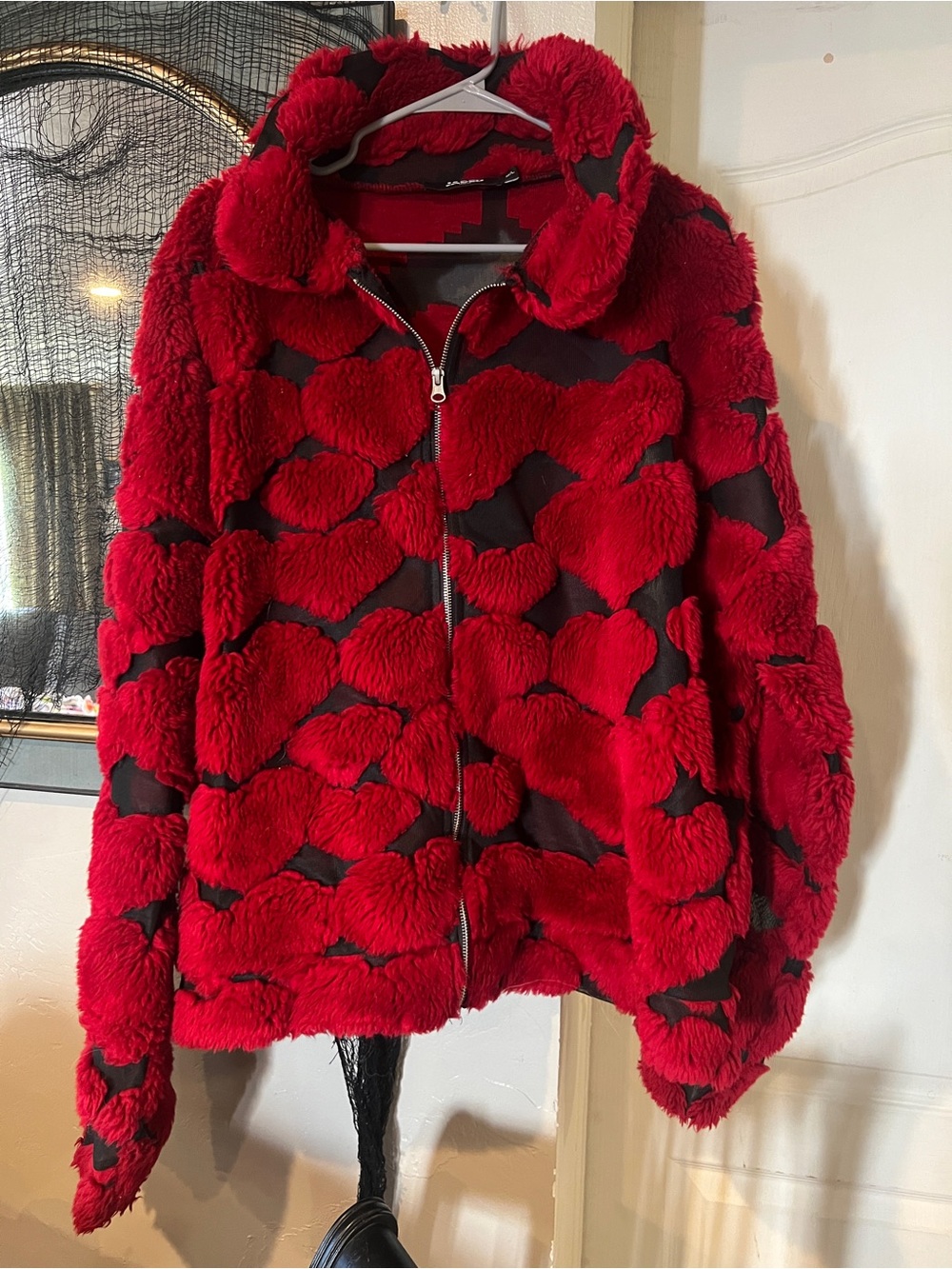 Jaded London Red Heart Faux Fur Sheer Mesh Jacket M/L
